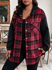 SHEIN LUNE Jaket Berkerudung Wanita Ukuran Besar dengan Tali Serut, Desain Blok Warna, Saku, Melangsingkan, Modis, Nyaman, Cocok untuk Jalan-jalan, Bepergian, dan Pakaian Rumahan - MultiWarna - View 6