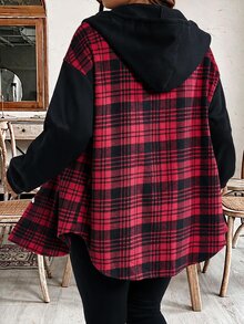 SHEIN LUNE Jaket Berkerudung Wanita Ukuran Besar dengan Tali Serut, Desain Blok Warna, Saku, Melangsingkan, Modis, Nyaman, Cocok untuk Jalan-jalan, Bepergian, dan Pakaian Rumahan - MultiWarna - View 2