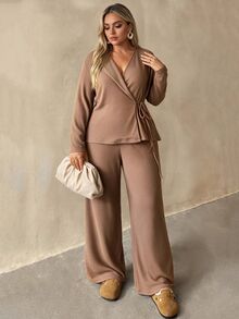 Auralis Plus Size Women's Khaki Lace-Up Top And Elastic Waist Loose Straight Leg Pants, Minimalist Fashion, Comfortable For Daily Wear, Outings And Commuting, 2 Pieces Set - Khaki - View 5