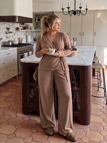 Auralis Plus Size Women's Khaki Lace-Up Top And Elastic Waist Loose Straight Leg Pants, Minimalist Fashion, Comfortable For Daily Wear, Outings And Commuting, 2 Pieces Set - Khaki - View 2