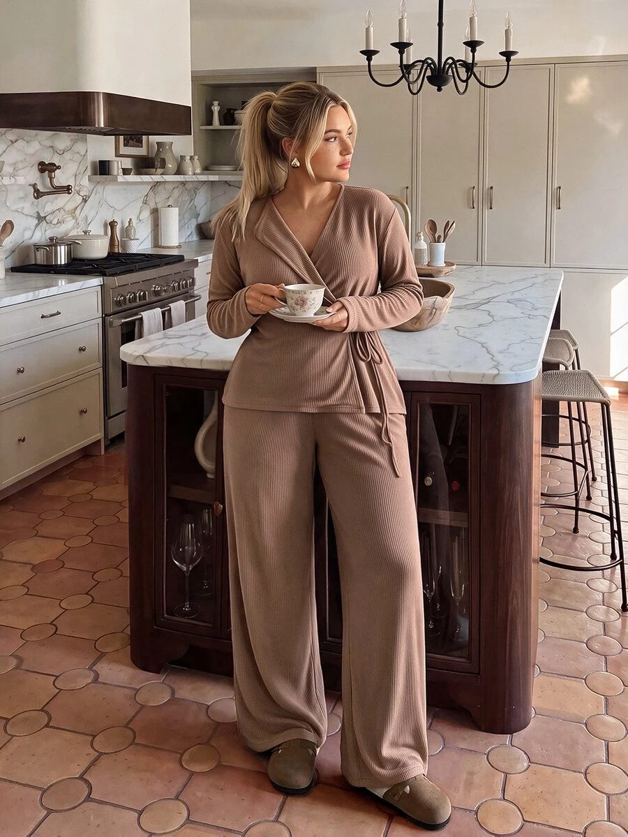 Auralis Plus Size Women's Khaki Lace-Up Top And Elastic Waist Loose Straight Leg Pants, Minimalist Fashion, Comfortable For Daily Wear, Outings And Commuting, 2 Pieces Set