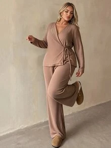 Auralis Plus Size Women's Khaki Lace-Up Top And Elastic Waist Loose Straight Leg Pants, Minimalist Fashion, Comfortable For Daily Wear, Outings And Commuting, 2 Pieces Set - Khaki - View 4