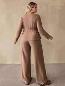 Auralis Plus Size Women's Khaki Lace-Up Top And Elastic Waist Loose Straight Leg Pants, Minimalist Fashion, Comfortable For Daily Wear, Outings And Commuting, 2 Pieces Set - Khaki - View 6