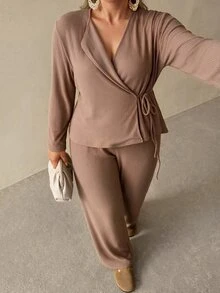 Auralis Plus Size Women's Khaki Lace-Up Top And Elastic Waist Loose Straight Leg Pants, Minimalist Fashion, Comfortable For Daily Wear, Outings And Commuting, 2 Pieces Set - Khaki - View 8