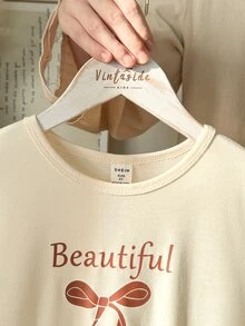 SHEIN 女童休閒仙女公主字母蝴蝶結印花圓領歐根紗下擺長袖洋裝，適合秋季日常穿著、感恩節、7歲生日，粉紅色 - 杏色 - 查看 5