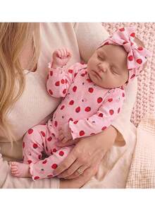 SHEIN Newborn Baby Girl Cute Casual Knitted Strawberry Pattern Long Sleeve Loungewear Set - Pink - View 1