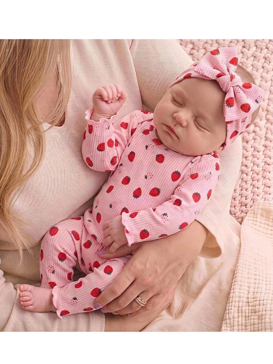 SHEIN Newborn Baby Girl Cute Casual Knitted Strawberry Pattern Long Sleeve Loungewear Set - Pink - View 1