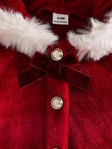 SHEIN 女嬰幼童披肩外套 奢華舒適 紅白蝴蝶結人造毛飾邊 無袖連帽毛絨款 秋季鈕扣式 正式穿著聖誕節適用 - 紅色 - 查看 6
