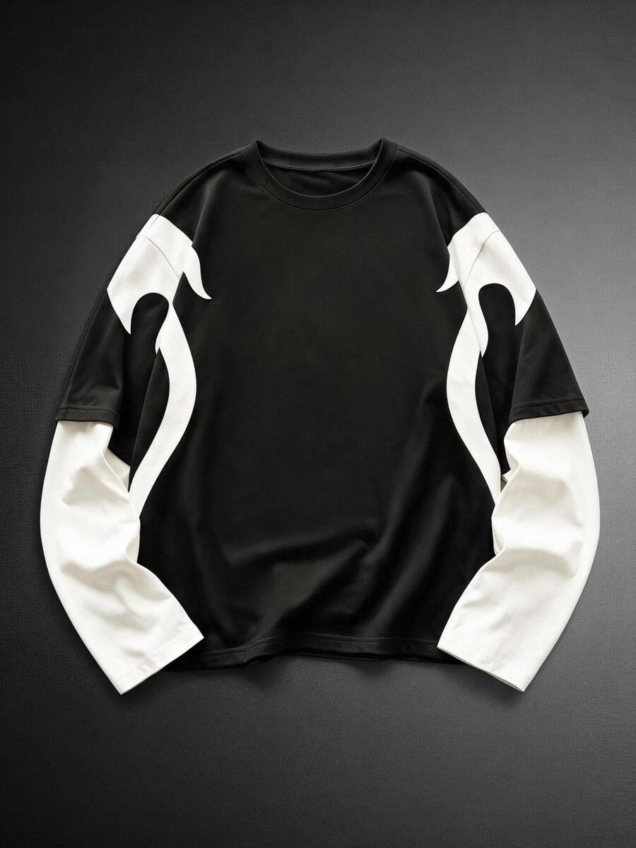 Manfinity RebelGame Camiseta Masculina Color Block Patchwork 2 em 1, Streetwear, Camiseta Gráfica Oversized, Camiseta Lavada Vintage
