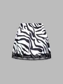 Sweetra Women's Lace Patchwork Mini Skirt Zebra Print Slimming Elegant Street Style - White - View 2