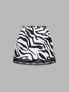 Sweetra Women's Lace Patchwork Mini Skirt Zebra Print Slimming Elegant Street Style - White - View 3