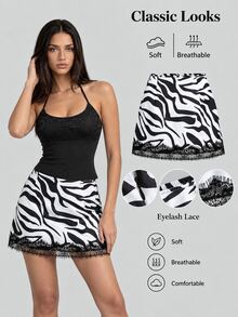 Sweetra Women's Lace Patchwork Mini Skirt Zebra Print Slimming Elegant Street Style - White - View 1