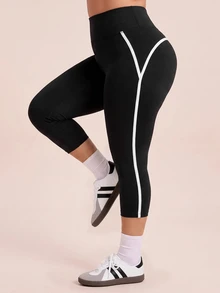 SHEIN Rhythm Era Legging Olahraga Plus dengan Detail Kontras - Hitam - View 6
