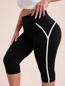 SHEIN Rhythm Era Legging Olahraga Plus dengan Detail Kontras - Hitam - View 5