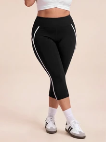 SHEIN Rhythm Era Legging Olahraga Plus dengan Detail Kontras - Hitam - View 4