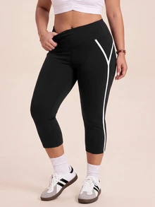 SHEIN Rhythm Era Legging Olahraga Plus dengan Detail Kontras - Hitam - View 7