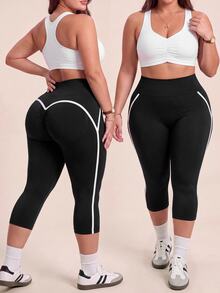 SHEIN Rhythm Era Legging Olahraga Plus dengan Detail Kontras - Hitam - View 2