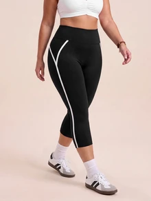 SHEIN Rhythm Era Legging Olahraga Plus dengan Detail Kontras - Hitam - View 3