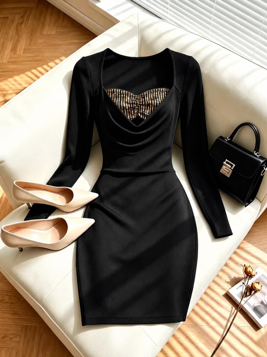 Balvessa Women's Sequin Patchwork Long Sleeve Ruched Bodycon Mini Dress - Black - View 1