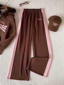 Comfortcana Women's Casual Colorblock Striped Wide Leg Sweatpants, Suitable For Summer, Spring, Autumn, Cream Yellow Wide Leg Pants - Coffee Brown - View 4