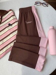 Comfortcana Women's Casual Colorblock Striped Wide Leg Sweatpants, Suitable For Summer, Spring, Autumn, Cream Yellow Wide Leg Pants - Coffee Brown - View 7
