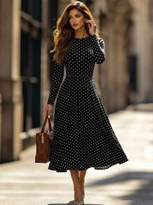 Editum Women's French Polka Dot Print Round Neck Long Sleeve Dress - Black - View 2