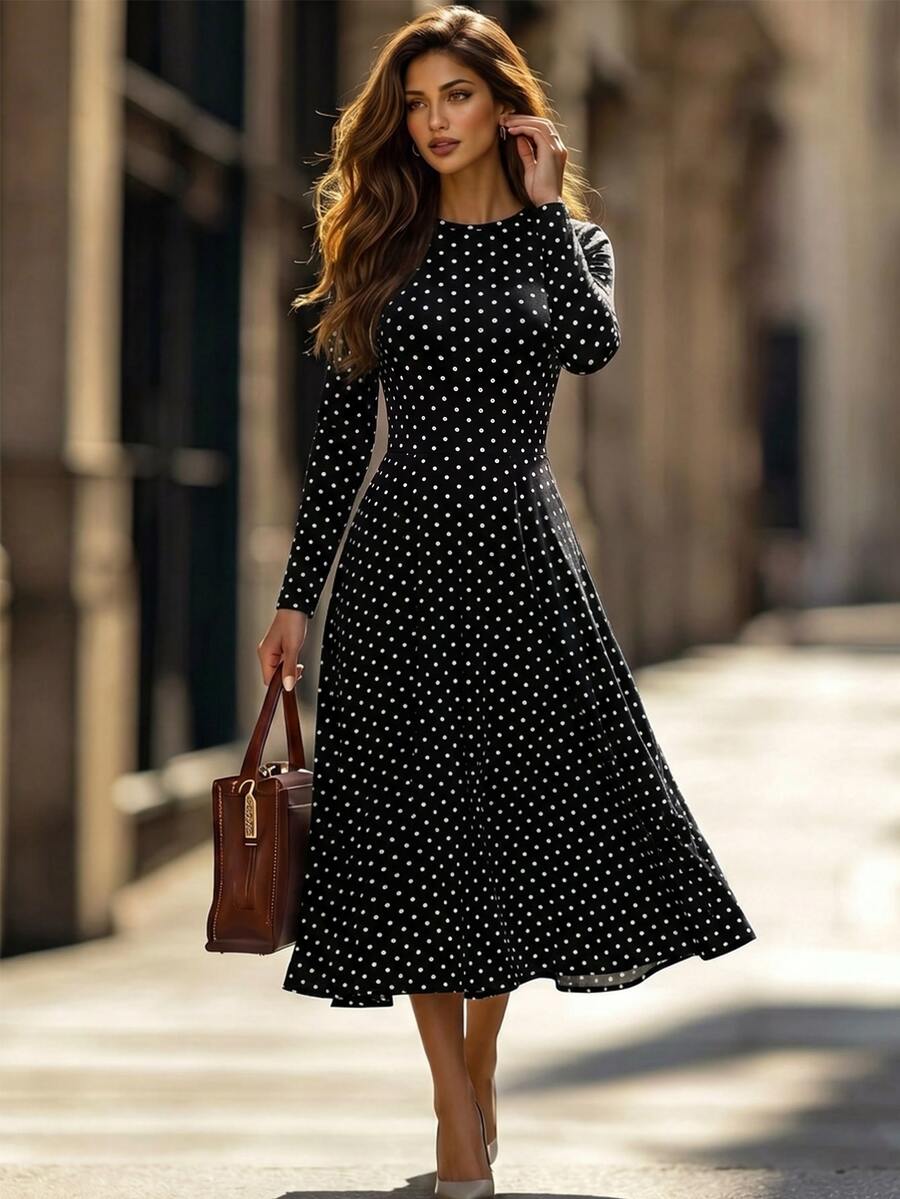 Editum Women's French Polka Dot Print Round Neck Long Sleeve Dress