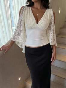 Aloruh Contrast Lace Split Sleeve Top - Apricot - View 2