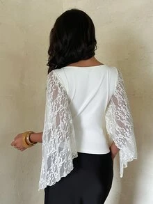 Aloruh Contrast Lace Split Sleeve Top - Apricot - View 7