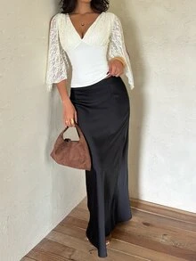 Aloruh Contrast Lace Split Sleeve Top - Apricot - View 6