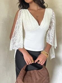 Aloruh Contrast Lace Split Sleeve Top - Apricot - View 5