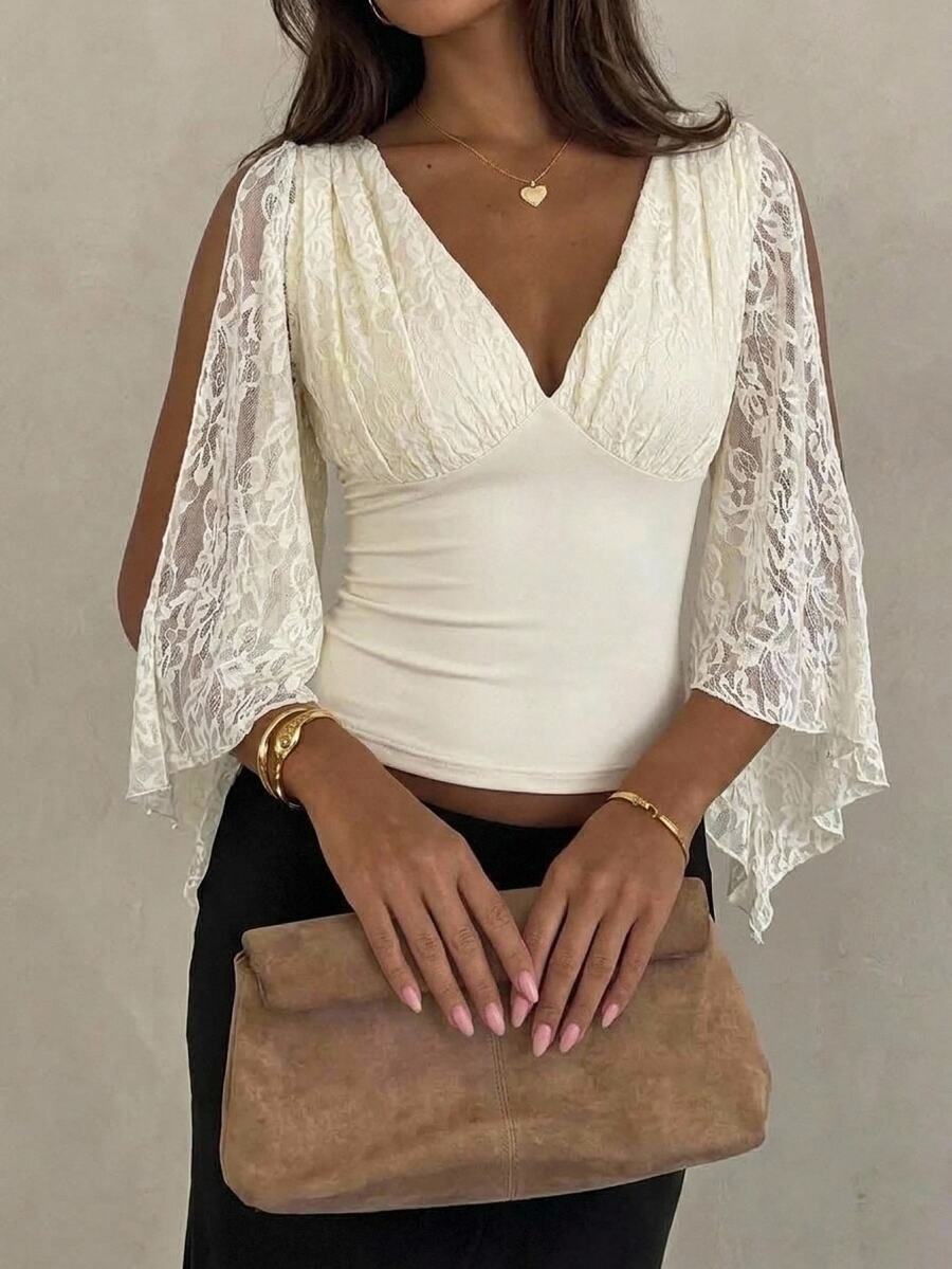 Aloruh Contrast Lace Split Sleeve Top - Apricot - View 1