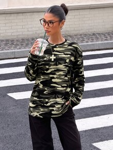 Muchica 女款迷彩華夫格針織長袖T恤 Y2K 背後圖案字母印花圓領寬鬆休閒秋季外穿上衣 - 綠色 - 查看 6