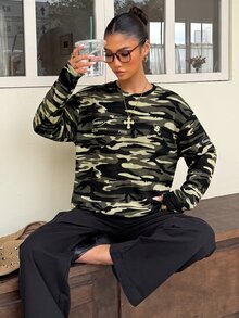 Muchica 女款迷彩華夫格針織長袖T恤 Y2K 背後圖案字母印花圓領寬鬆休閒秋季外穿上衣 - 綠色 - 查看 7
