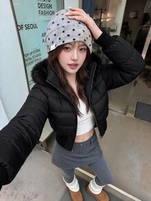 K-Vae 女士拉链连帽短外套，带毛领和腰部收紧设计，冬季款 - 黑色 - 查看 6