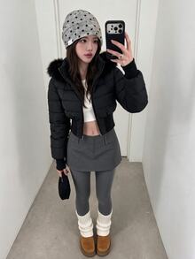 K-Vae 女士拉链连帽短外套，带毛领和腰部收紧设计，冬季款 - 黑色 - 查看 5