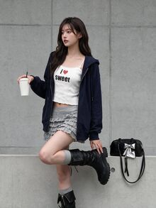 K-Vae 女式纯色海军蓝长袖连帽针织衫拉链连帽衫秋冬款 - 藏蓝色 - 查看 3