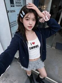 K-Vae 女式纯色海军蓝长袖连帽针织衫拉链连帽衫秋冬款 - 藏蓝色 - 查看 6