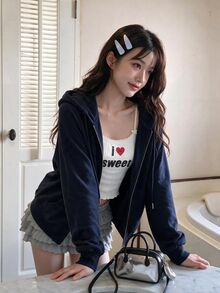 K-Vae 女式纯色海军蓝长袖连帽针织衫拉链连帽衫秋冬款 - 藏蓝色 - 查看 4