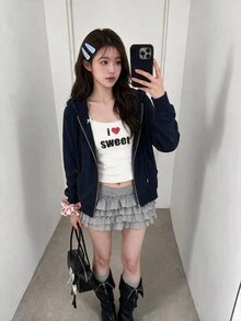 K-Vae 女式纯色海军蓝长袖连帽针织衫拉链连帽衫秋冬款 - 藏蓝色 - 查看 5