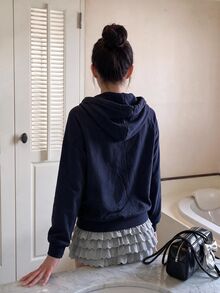 K-Vae 女式纯色海军蓝长袖连帽针织衫拉链连帽衫秋冬款 - 藏蓝色 - 查看 2