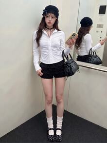 K-Vae Spring Solid Ruched Curved Hem White Shirt - White - View 7