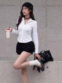 K-Vae Spring Solid Ruched Curved Hem White Shirt - White - View 5