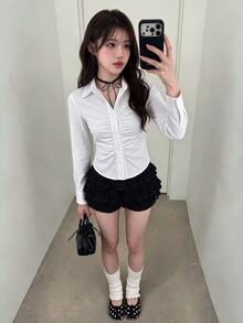 K-Vae Spring Solid Ruched Curved Hem White Shirt - White - View 4