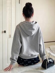 K-Vae Gray Solid Zip Up Drawstring Hooded Sweatshirt,Long Sleeve Casual Tops For Women,School Back-To-School Autumn Outfits,Graduation Teacher Fall/Winter - Light Grey - View 2