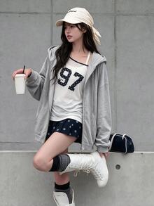 K-Vae Gray Solid Zip Up Drawstring Hooded Sweatshirt,Long Sleeve Casual Tops For Women,School Back-To-School Autumn Outfits,Graduation Teacher Fall/Winter - Light Grey - View 6