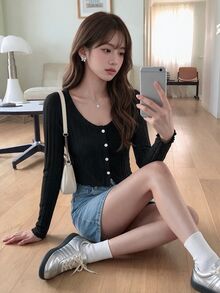 K-Vae T-shirt Lettuce Trim Plain Casual - Hitam - View 3