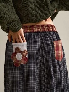 SHEIN Women's Fashion Vacation Plaid Pocket Drawstring Waist Loose Long Pants - Multicolor - View 4