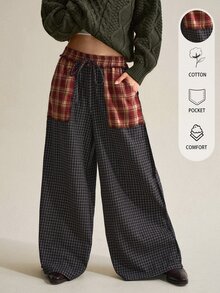SHEIN Women's Fashion Vacation Plaid Pocket Drawstring Waist Loose Long Pants - Multicolor - View 2