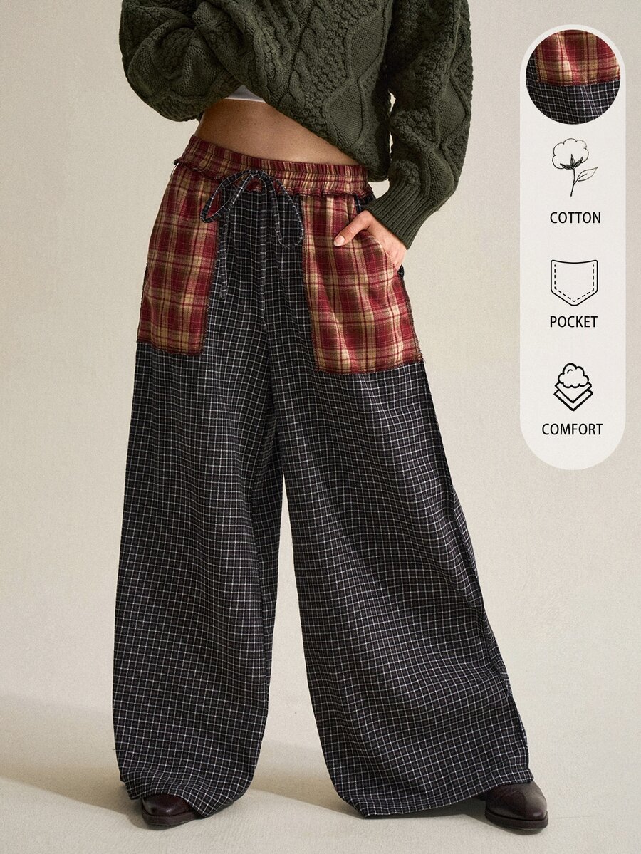 SHEIN Women's Fashion Vacation Plaid Pocket Drawstring Waist Loose Long Pants